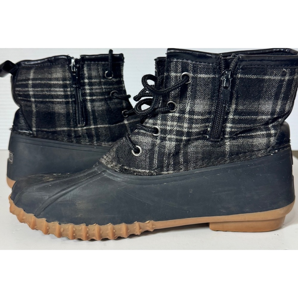 Esprit Wanda-E Duck Boots 7.5 Black Grey Plaid Faux Fur Lined Ankle Rain Boots